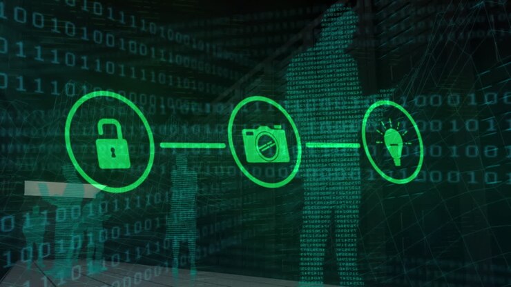 Animation of network of connections with online security padlocks over dark background