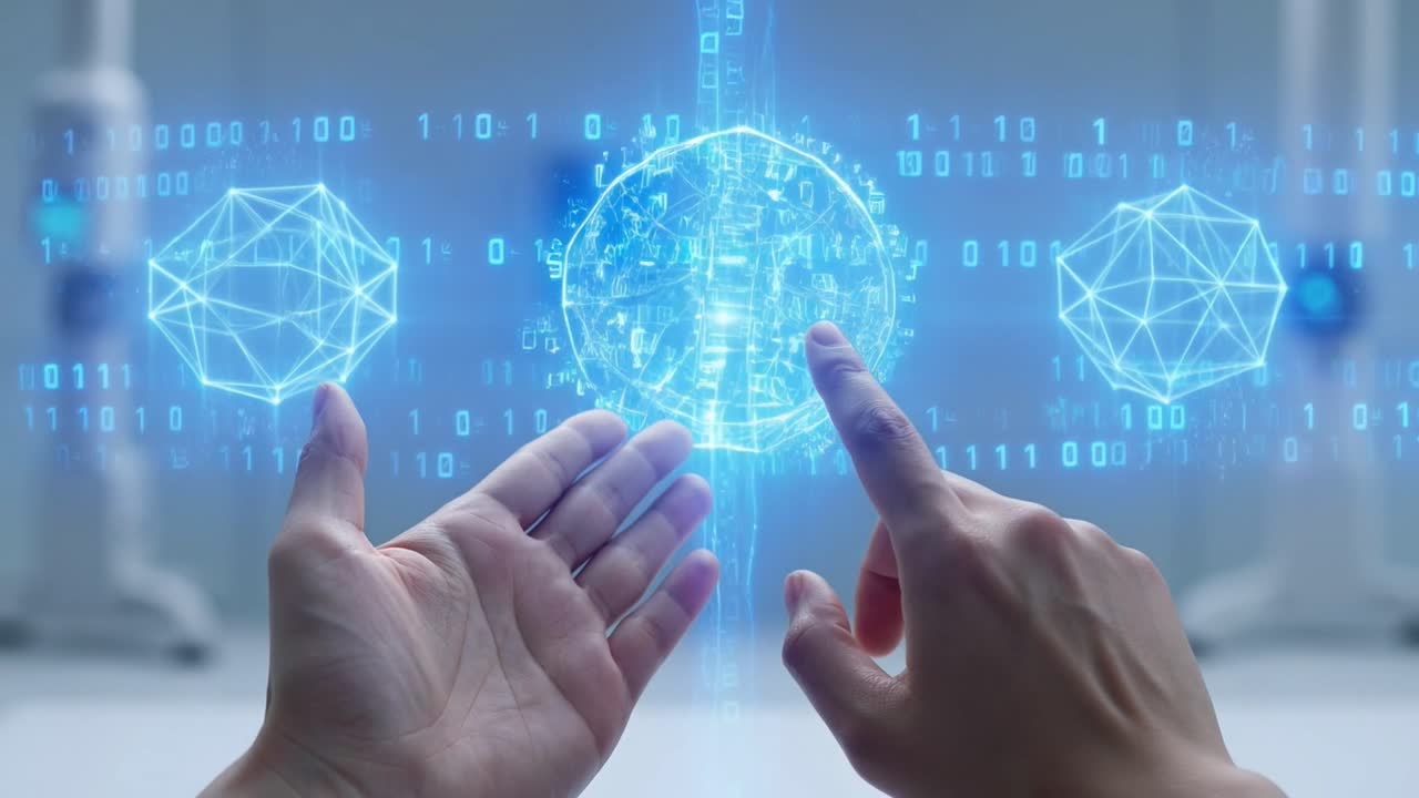 Mani con Dati Olografici Futuristici e Codice Binario