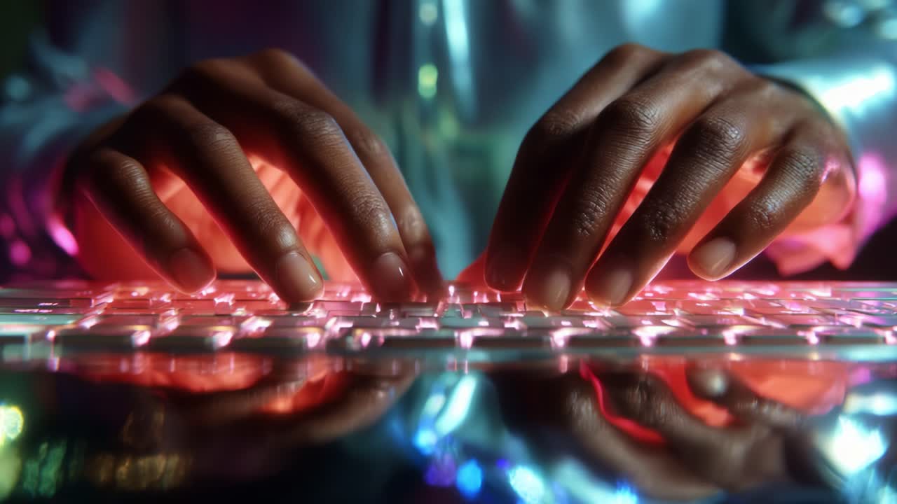 Focused fingers rhythmically tapping on a backlit keyboard, showcasing the intricate interplay of light and reflection during a moment of intense digital engagement, highlighting the beauty of technology and typing