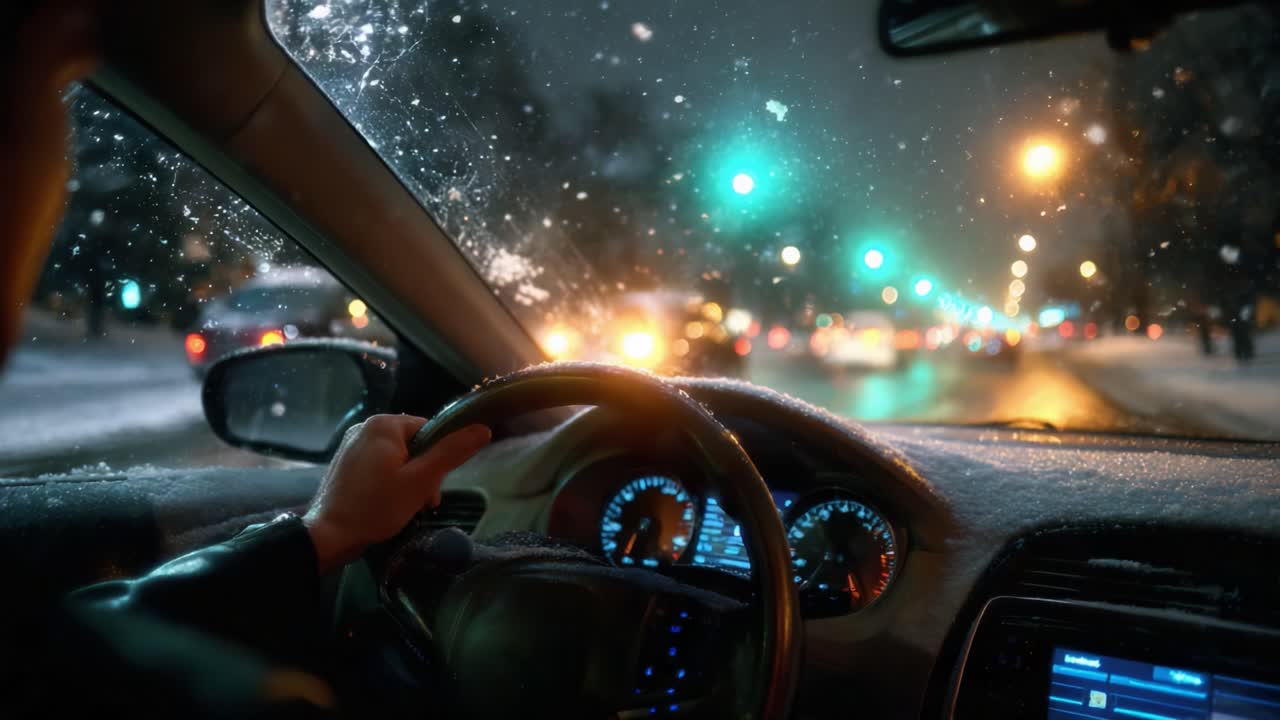 Driving in a Snowy Night: A Captivating View from Inside the Car as Flurries Dance in the Air, Illuminated by Traffic Lights and City Lights, Creating a Magical Winter Experience on the Road