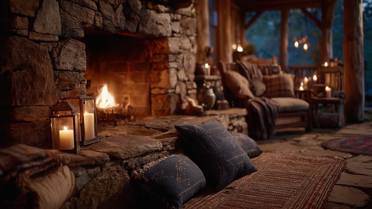 Inviting and Cozy Cabin Retreat: A Warm Fire Glows in the Hearth Surrounded by Soft Pillows and Flickering Candles, Creating a Perfect Atmosphere for Relaxation and Comfort