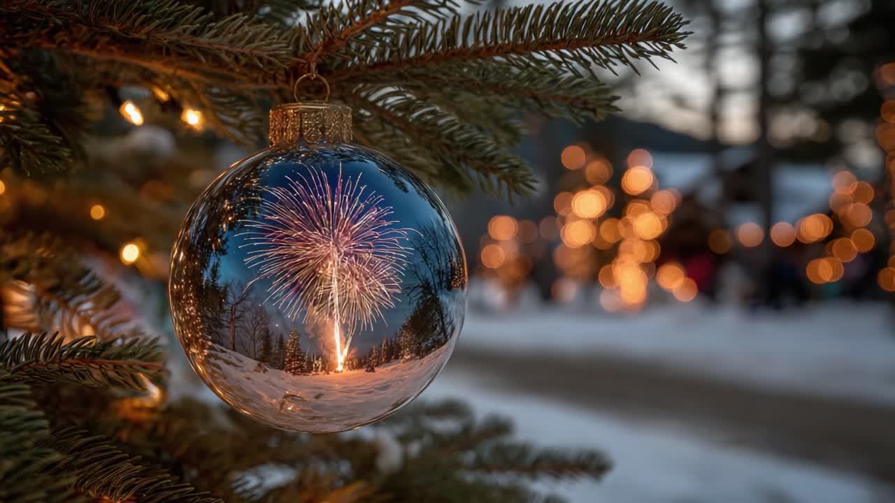 A Captivating Christmas Scene: A Beautiful Ornament Reflects Sparkling Fireworks Against a Serene Snowy Landscape, Illuminated by Twinkling Lights and Holiday Cheer