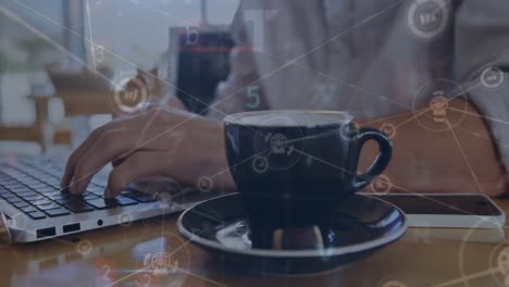 animation of cyber security data processing over mid section of a man using laptop at a cafe