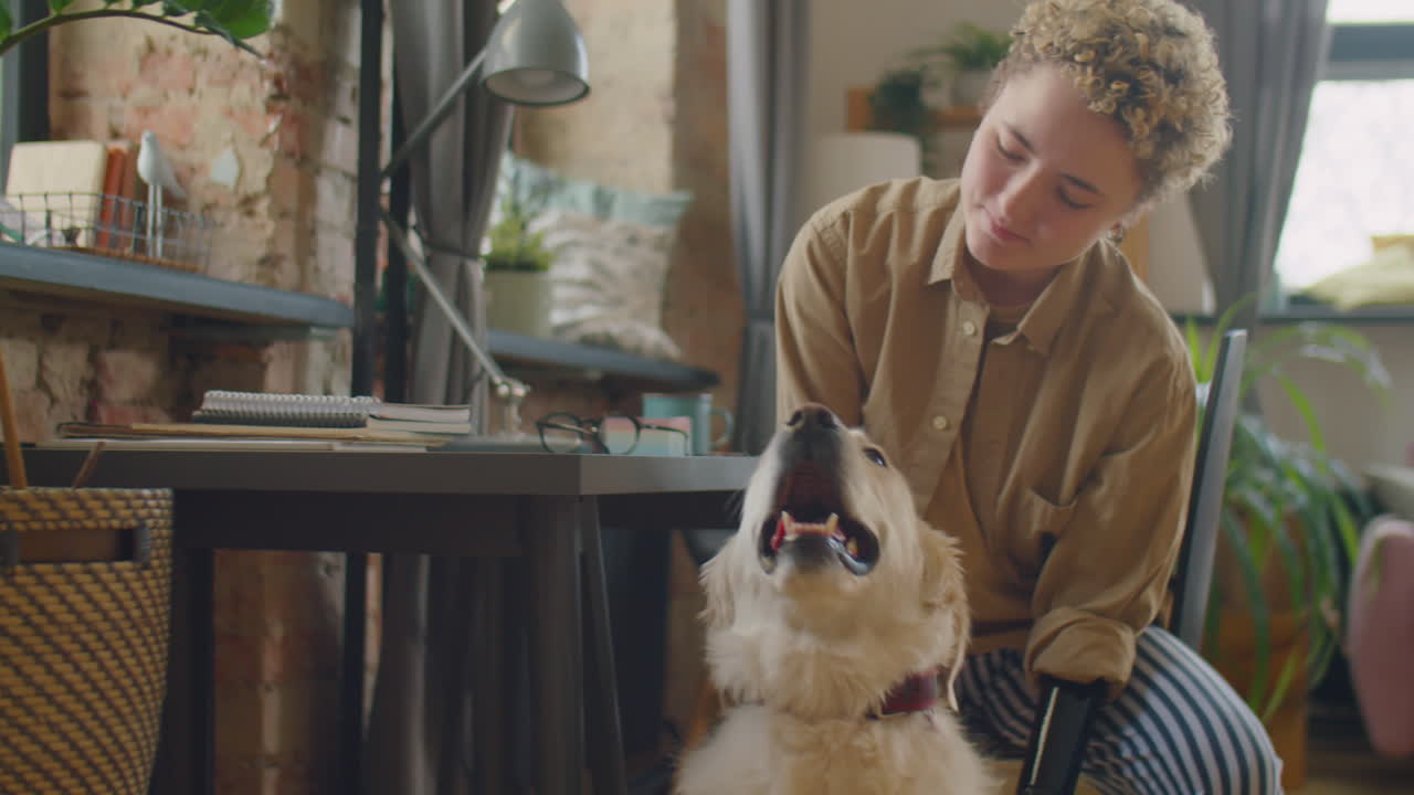 Girl with Prosthetic Arm Petting Dog at Home