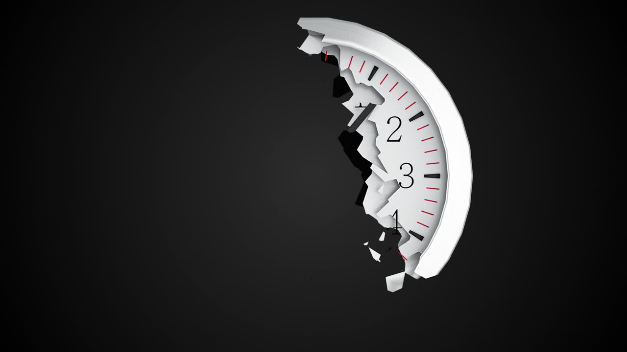 Il quadrante rotondo di un orologio da parete si distrugge in piccoli frammenti su sfondo nero. Sfondo astratto generato al computer, rendering 3D