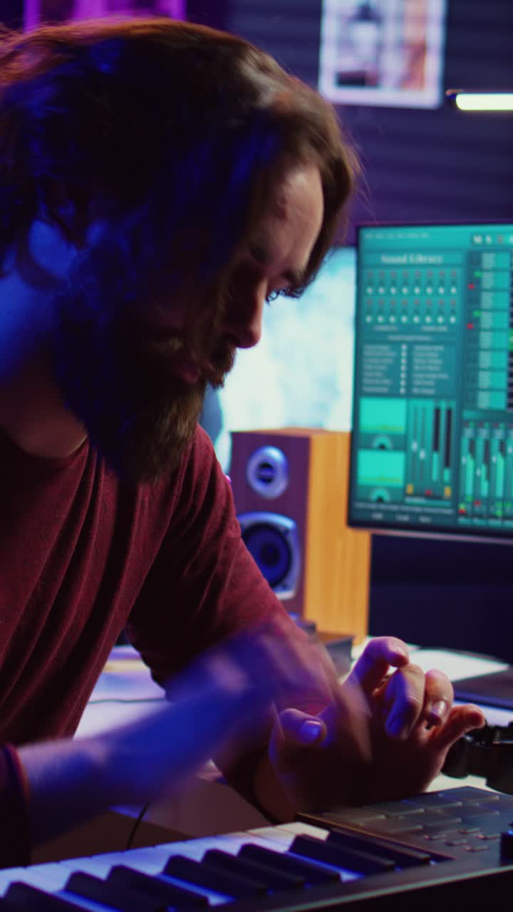Męski producent muzyczny grający na keyboardzie MIDI w domowym studio