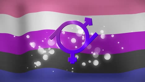 animación de un símbolo no binario y puntos sobre una bandera a rayas