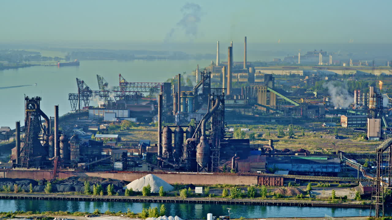 Dramatic drone shot of industrial landscape along the detroit river