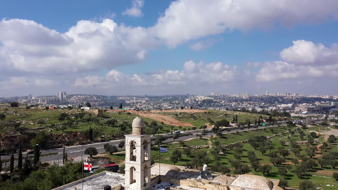 예루살렘 시의 넓은  항공 비행 뷰