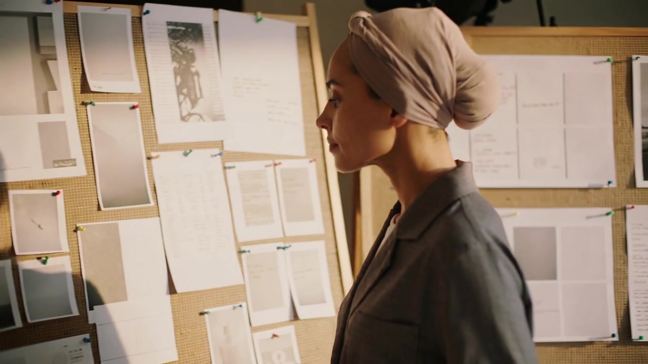 Mujer Caminando Hacia la Derecha con Pañuelo Beige y Blazer Gris Revisando Diseños en Tablón de Corcho en Estudio, Espacio para Texto
