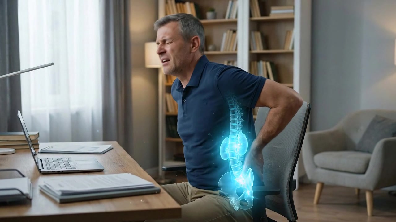 Mature man pressing lower back while standing beside desk and laptop in home office