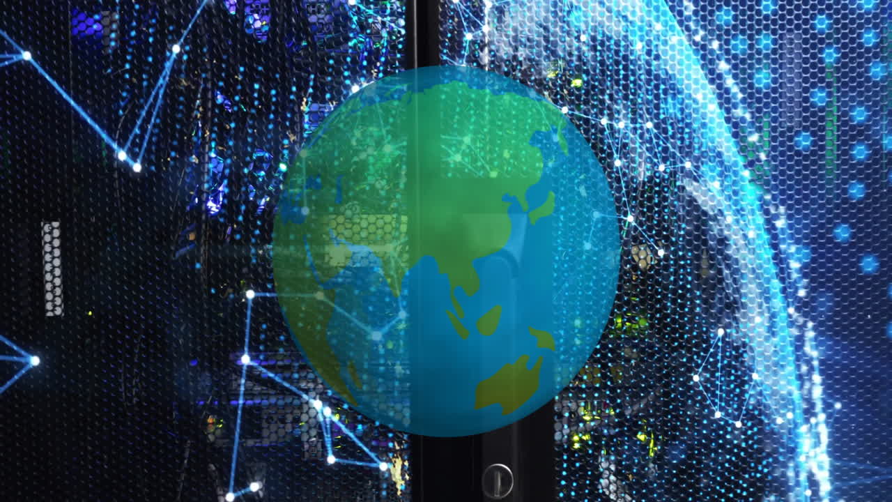 Animation of digital network connections over server room with globe graphics