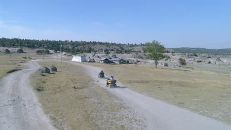 Aerial-shot-of-two-quad-bikes-in-El-Valle-de-los-Hongos,-Copper-Canyon-Region,-Chihuahua