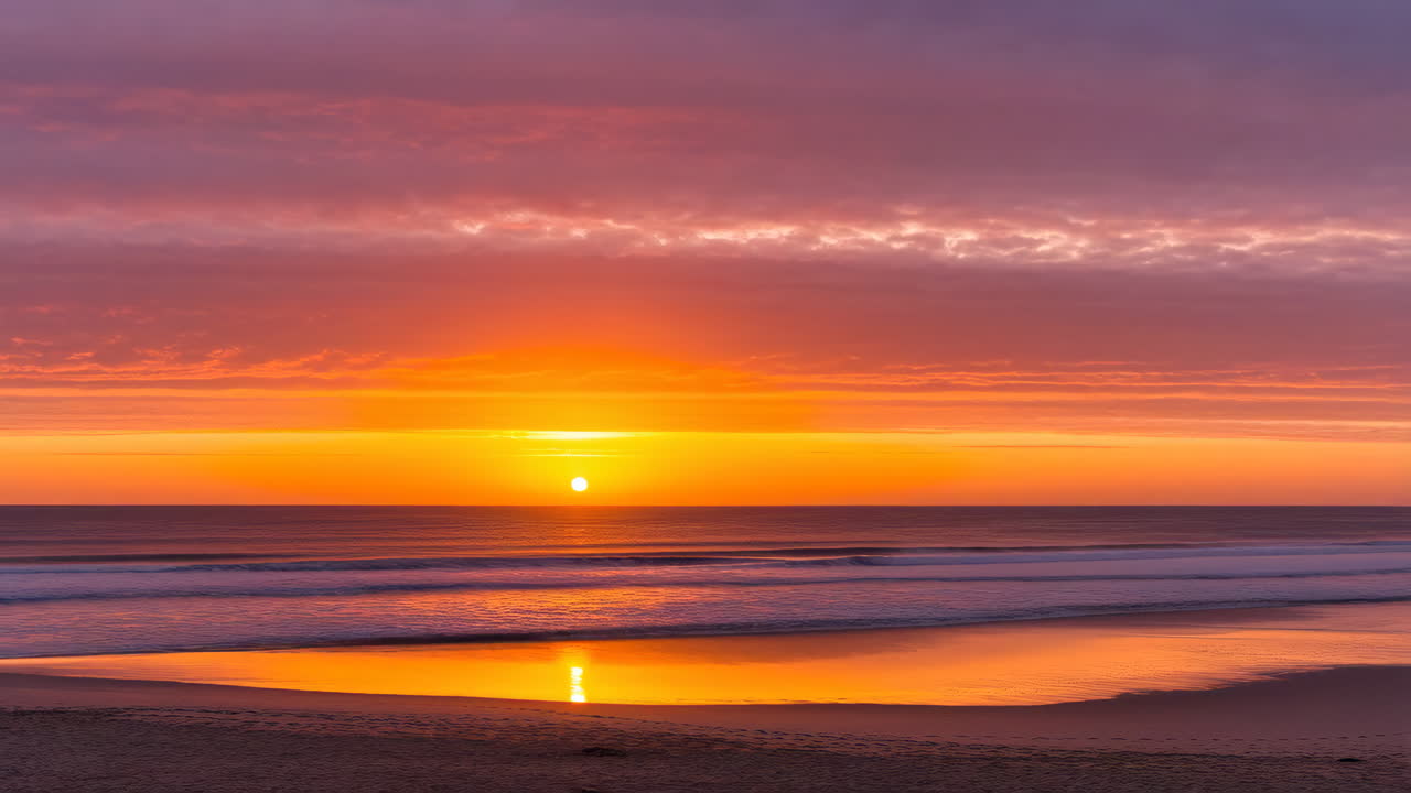 Vibrant Golden Sunset Over a Serene Ocean and Beach