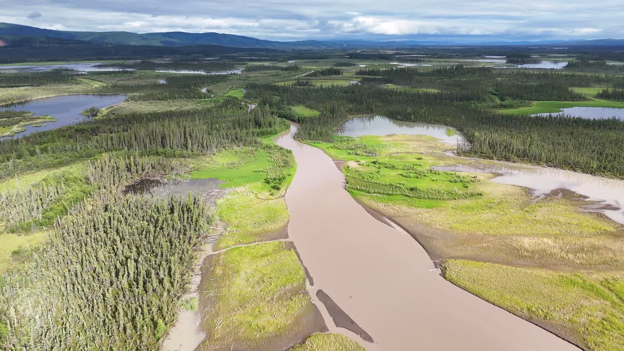 Aerial view of a river flowing through a lush Alaskan landscape under a cloudy sky, revealing the natural beauty and dynamic movement of the wilderness