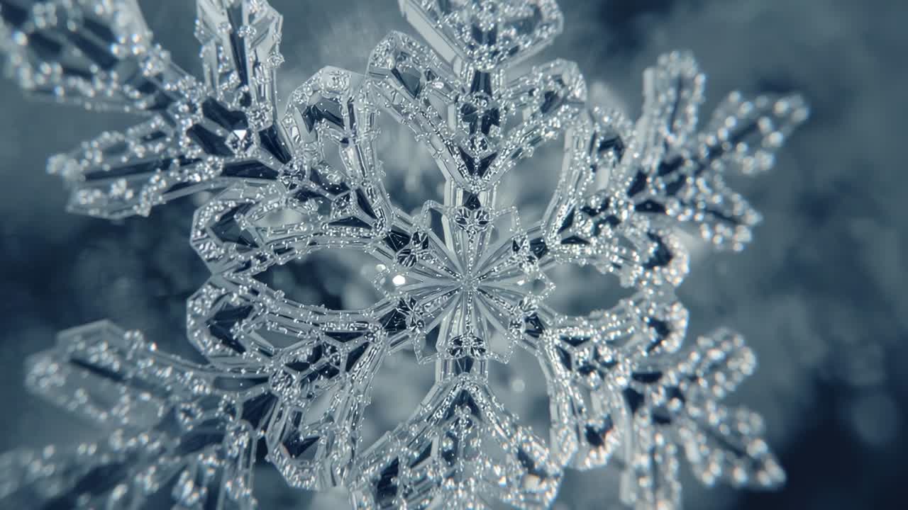 Hexagonal snowflake drifting and rotating on glass slide during macro recording, reflecting light