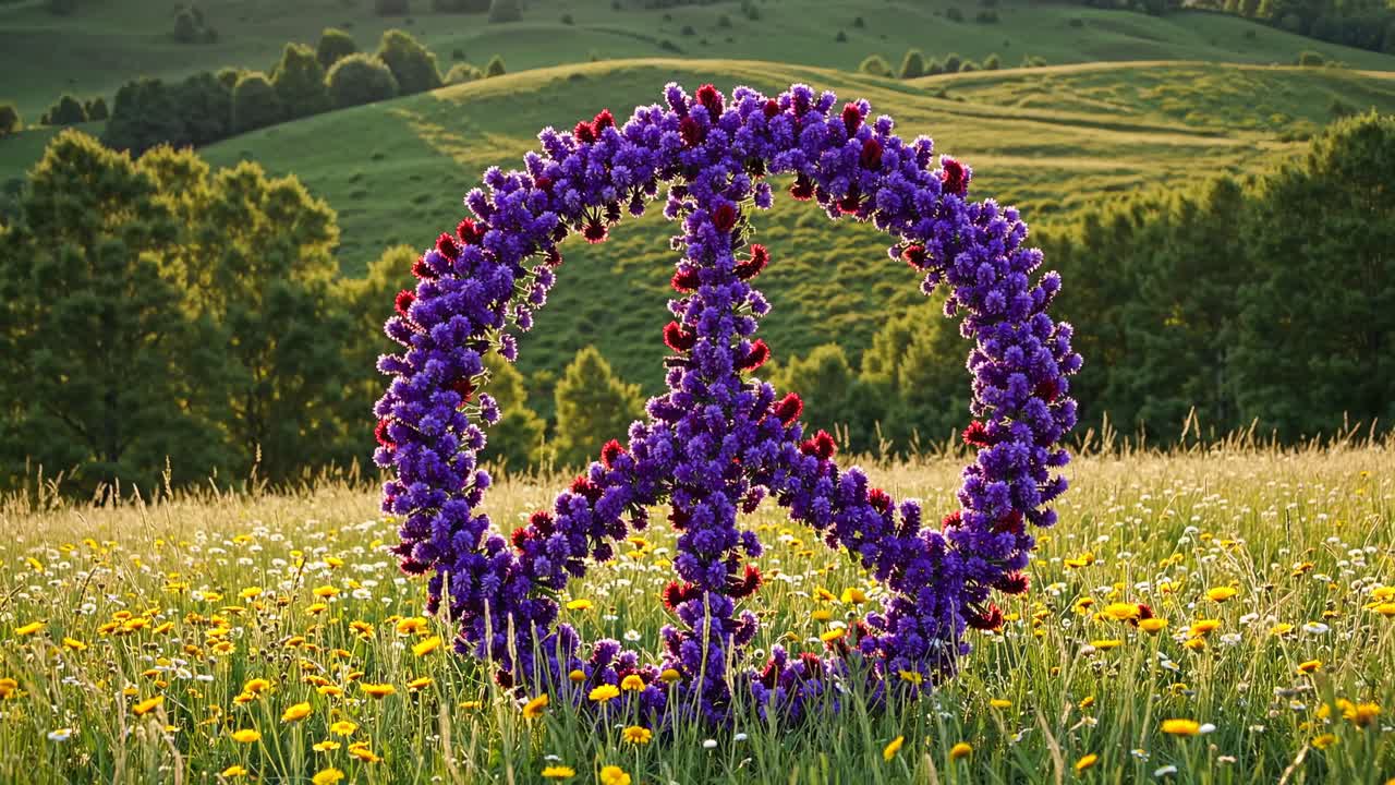 A vibrant peace sign made of flowers in a meadow, captured at eye level