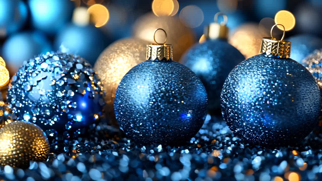 A blue and gold ornament is surrounded by other blue and gold ornaments. The blue and gold ornaments are arranged in a way that creates a festive and joyful atmosphere