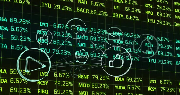 Digital Social Media Icons and Financial Data Network Animation