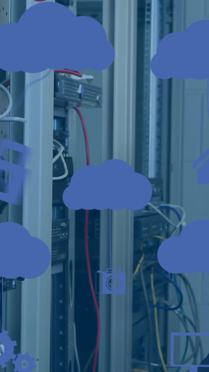 Animation of clouds icons over caucasian female worker inspecting server room