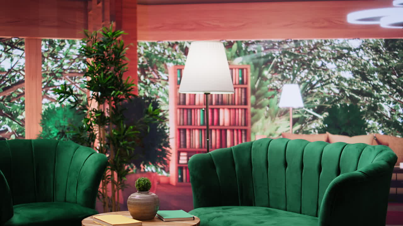 우아한 초록색 가구와 목조 테이블이 있는 세련된 빈 라운지 지역