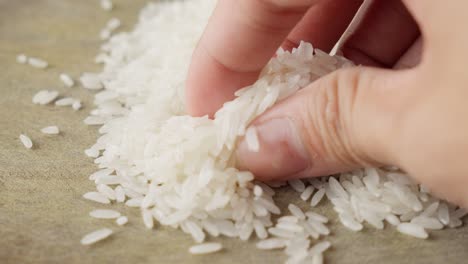 hand gently touching and sorting white rice grains on a flat surface, close-up