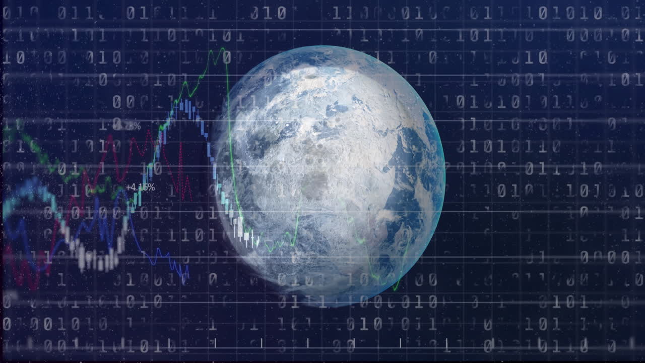 Animation of Earth with binary code and financial graphs for global data analysis