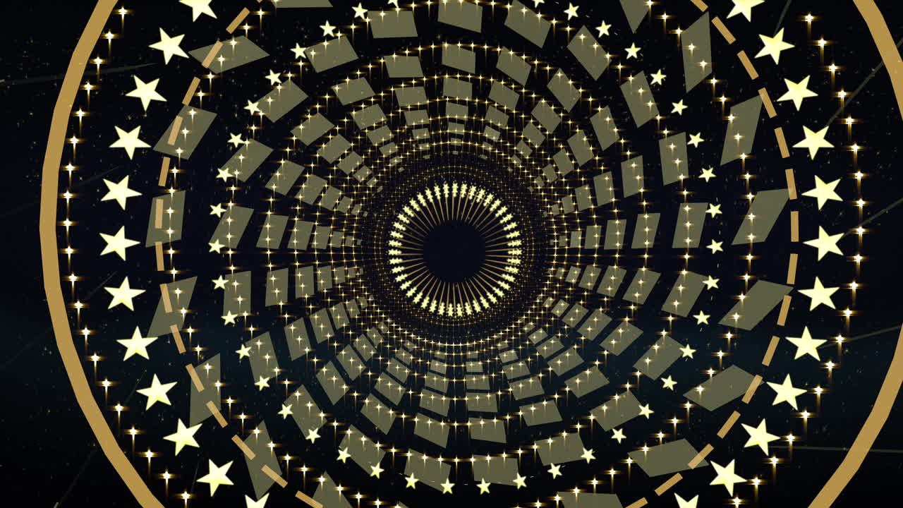 루프의 추상적 황금 이동 배경, 미래형 원형 터널 스타일, 무대 디자인, 시각적 프로젝션 매핑, 뮤직 비디오, tv 쇼, 편집자 및 led 스크린 또는 패션 쇼용 vjs