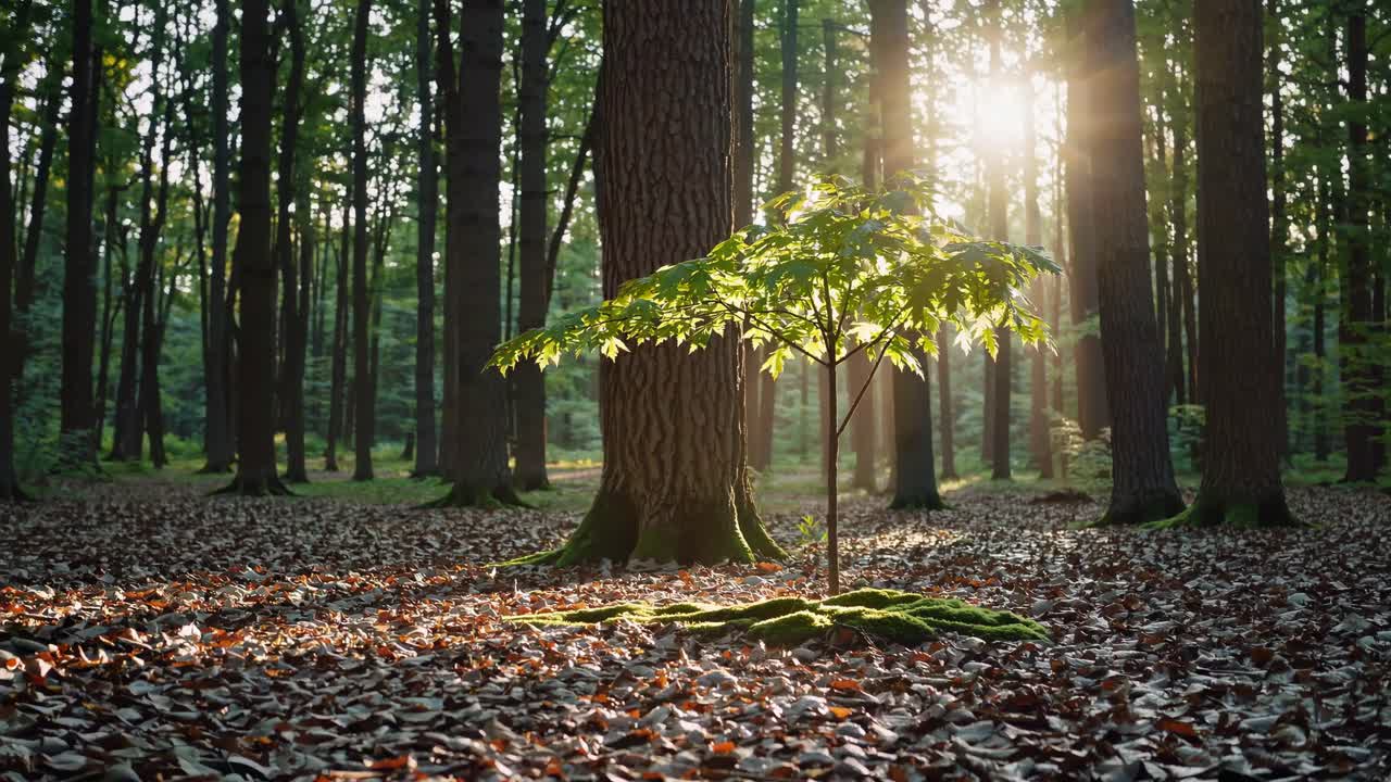 A serene forest scene with sunlight filtering through trees, captured at eye level
