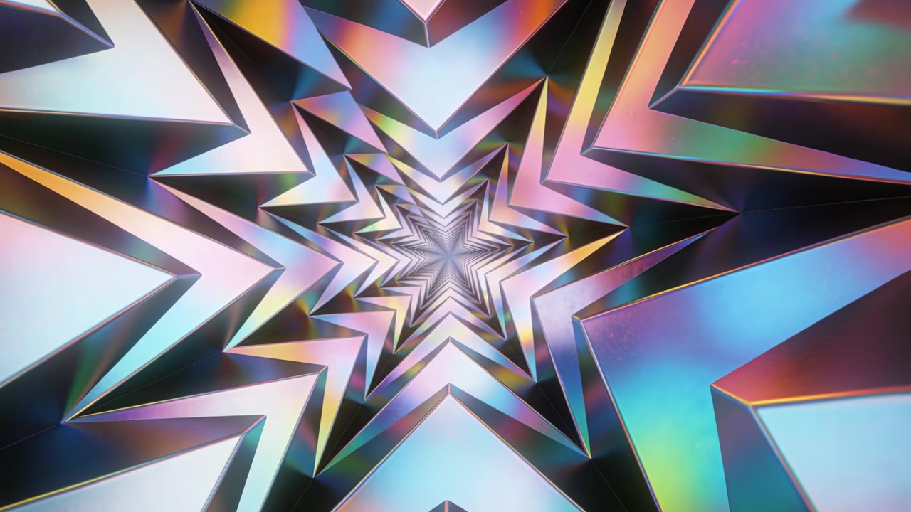 Animazione di un tunnel a stella multipunta centrato che ruota verso l'interno in CGI astratta, con sfaccettature iridescenti.