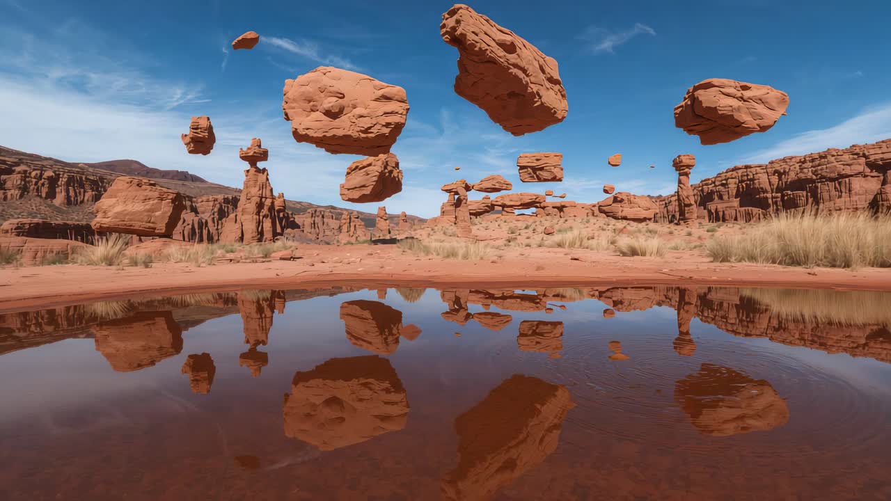 Droplet disturbing water surface in shallow pool, sending ripples distorting boulder reflections