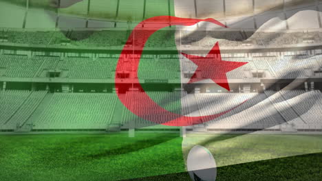 animation of waving flag of algeria over stadium with rugby ball