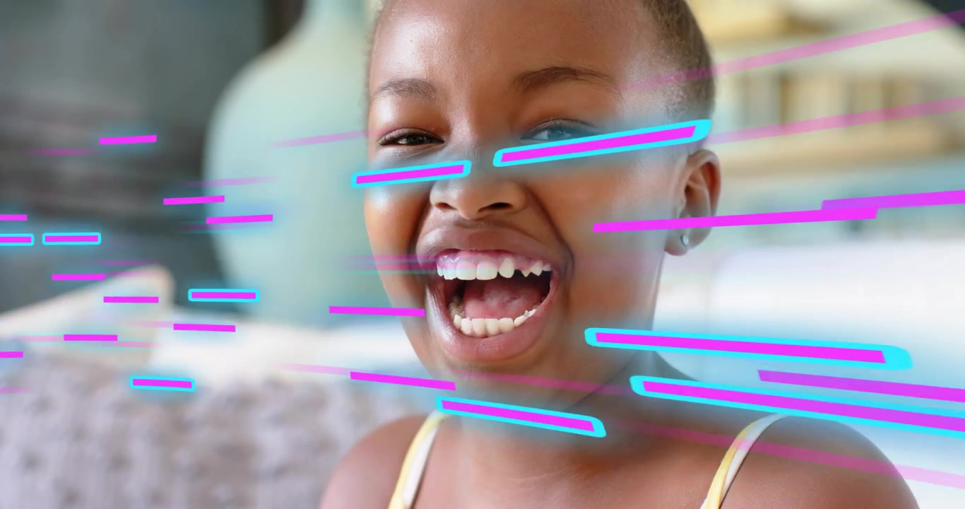 Pressing play, girl on sofa laughing and smiling while glitch bars sweeping for marketing project