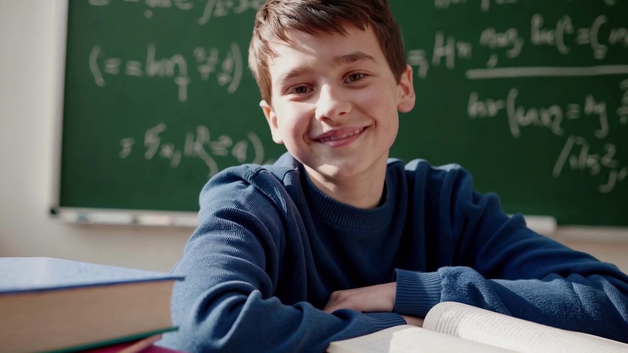 Happy Schoolboy Reading a Book at His Desk in a Classroom