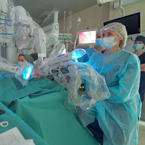 medical operation involving robot. surgical room in hospital with robotic technology