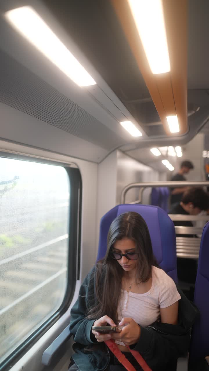 mujer usando el teléfono en un tren