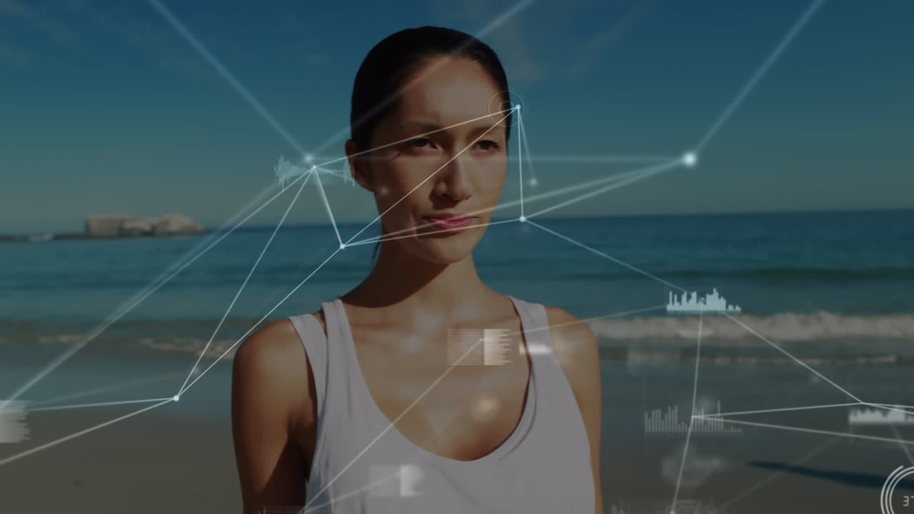 animación de la red de conexiones y procesamiento de datos sobre la mujer de pie en la playa