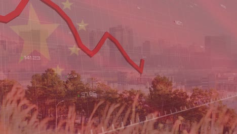 animation of flag of china and financial data processing over cityscape