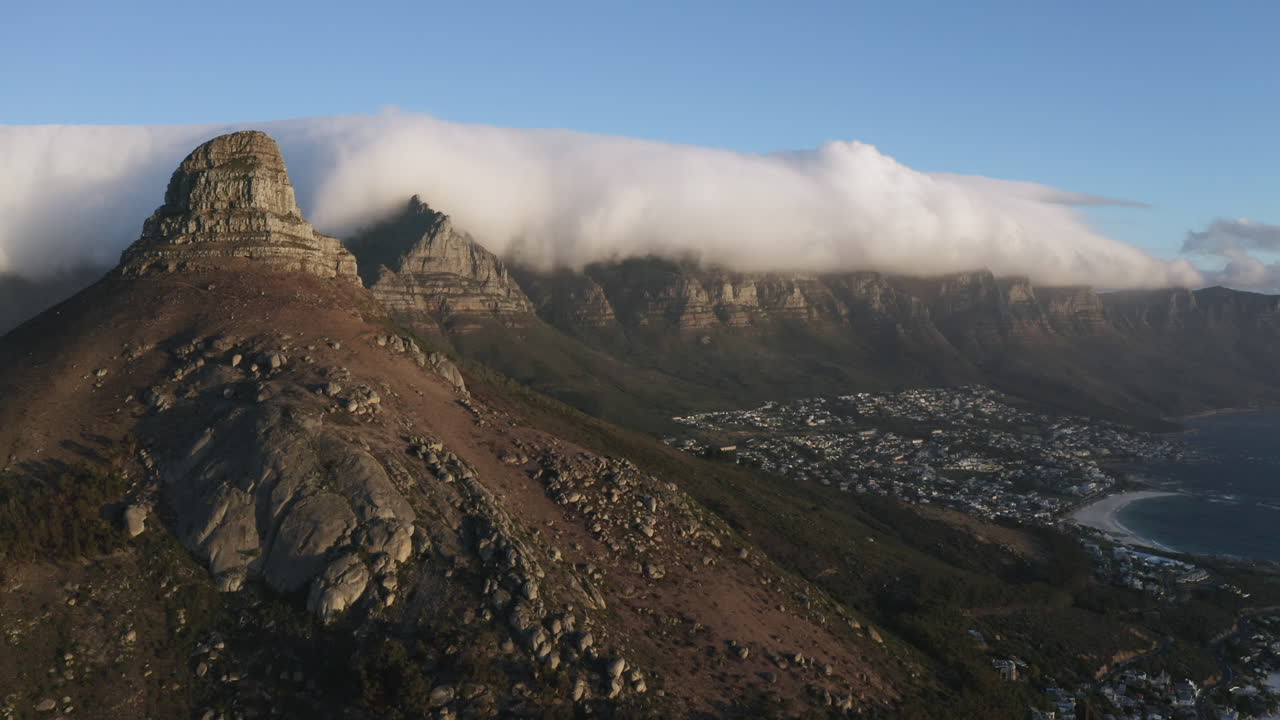 Drone shot of the iconic Lion's Head and Table Mountain of Cape Town. Camps bay is one of South Africa's most affluent neighborhoods.