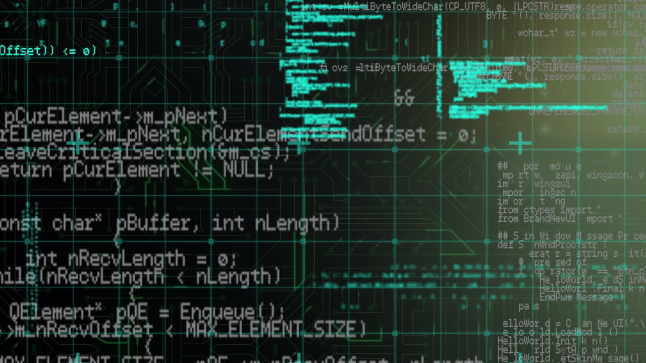 검은색 배경에 있는 마이크로프로세서 연결에 대한 데이터 처리의 디지털 애니메이션