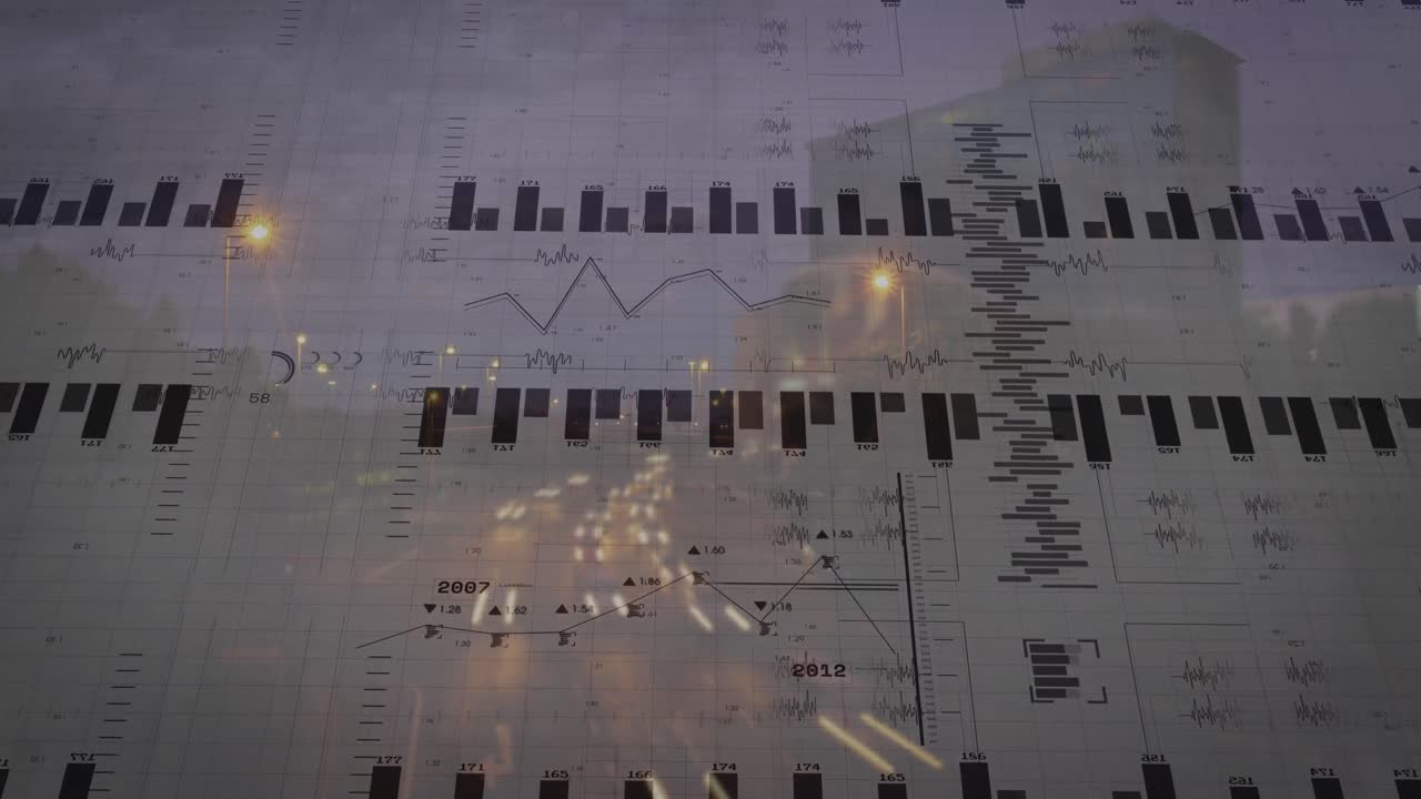 animación del procesamiento de datos financieros sobre el paisaje urbano