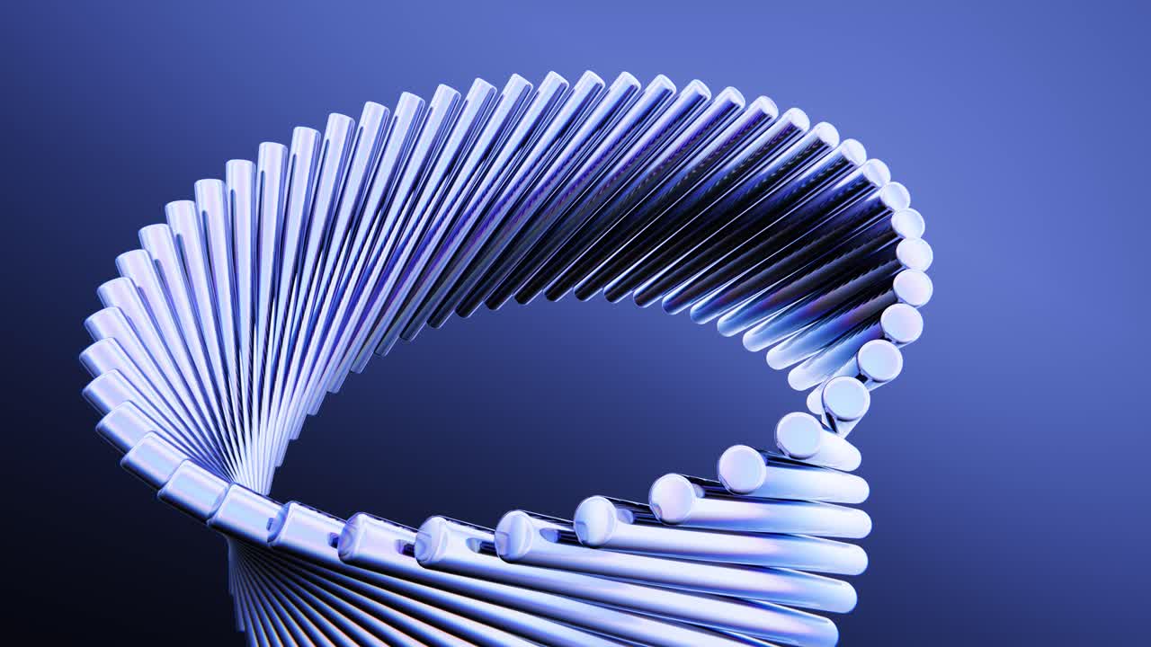 Abstract Metallic Spiral Structure Rotating on Blue Background