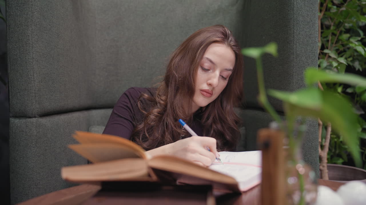 Lady wearing black writes in pink book while glancing at open brown book on wooden table, seated in modern green booth with indoor plants and soft lighting in calm, focused atmosphere