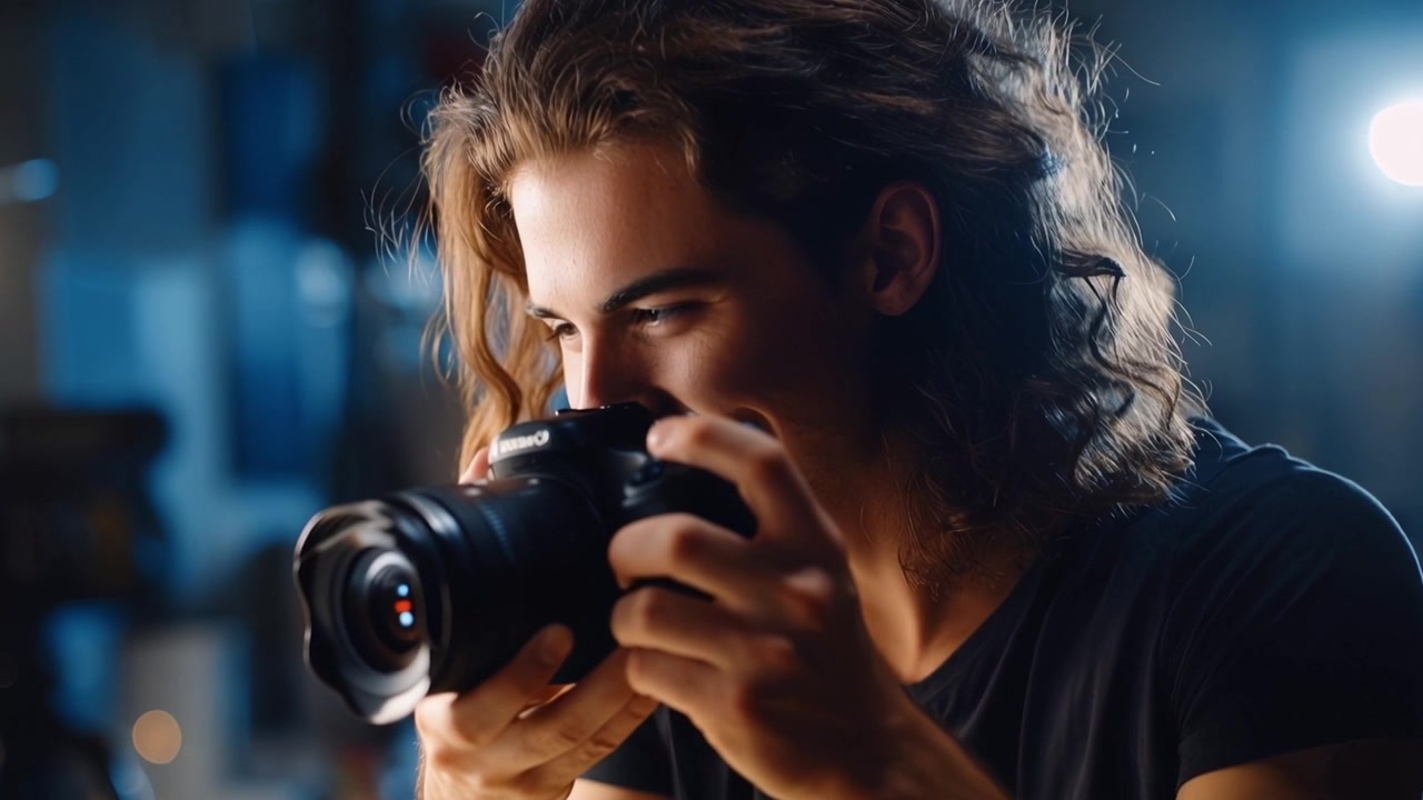 Jovem sorridente segurando uma câmera e tirando fotos