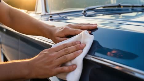 a hands-on approach to car detailing: the art of polishing and caring for a vintage automobile's glossy finish during golden hour