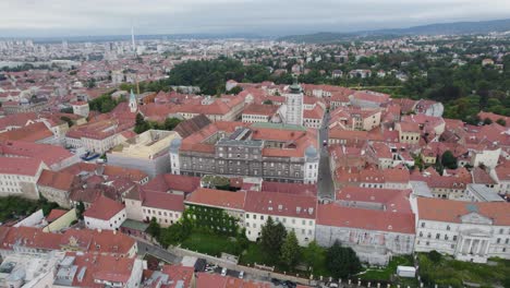 Aerial-view-circling-the-Church-of-St-Mark,-Zagreb,-Croatia-capital-old-town-Christian-landmark
