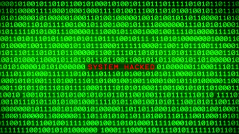 system hacked word revealing on wall of green binary code  between random binary data matrix background