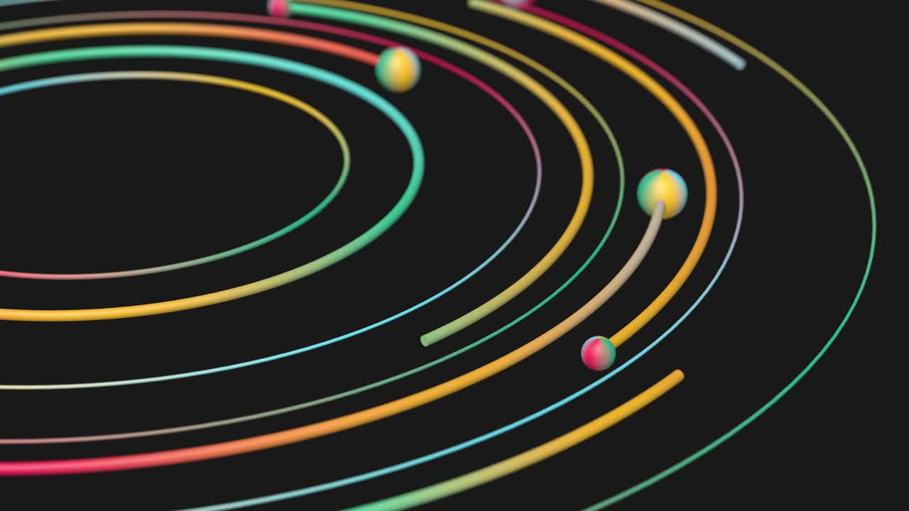 파란색, 녹색, 빨간색, 노란색 원과 공, 추상 애니메이션, 3d 렌더링, 클로즈업