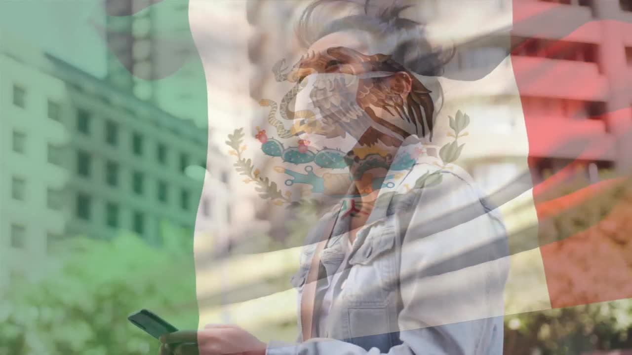 멕시코  ⁇ 발이 얼굴 마스크를 쓴 여자 위에 흔들리는 애니메이션