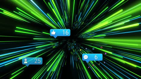 Animation-of-network-of-connections-with-icons-over-green-and-blue-neon-light-trails